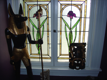 The old house has many nice stained-glass pieces.